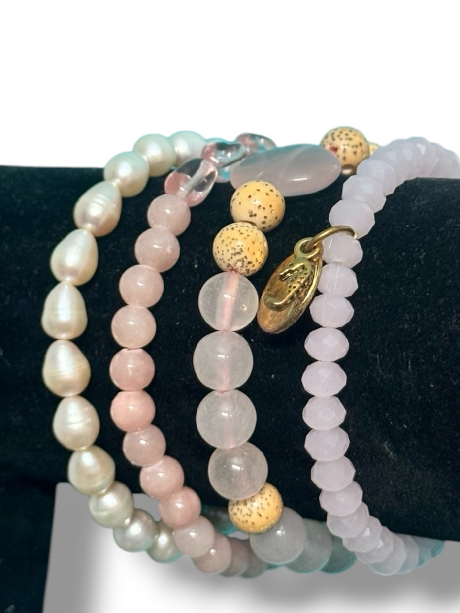 Boho Pink Rose Quartz Style Beaded Bracelet Set Of 4 Stretch Stackable Bracelets